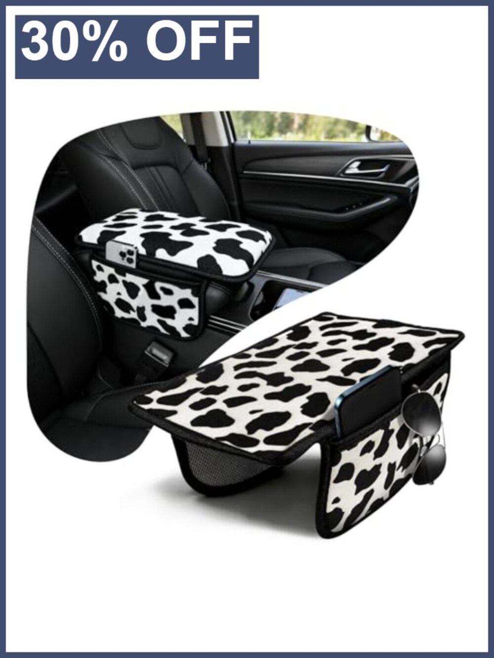 Cow Print Car Armrest Cover with Side Pockets Padded Console Pad
